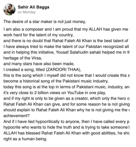 Sahir Ali Bagga's Facebook Post